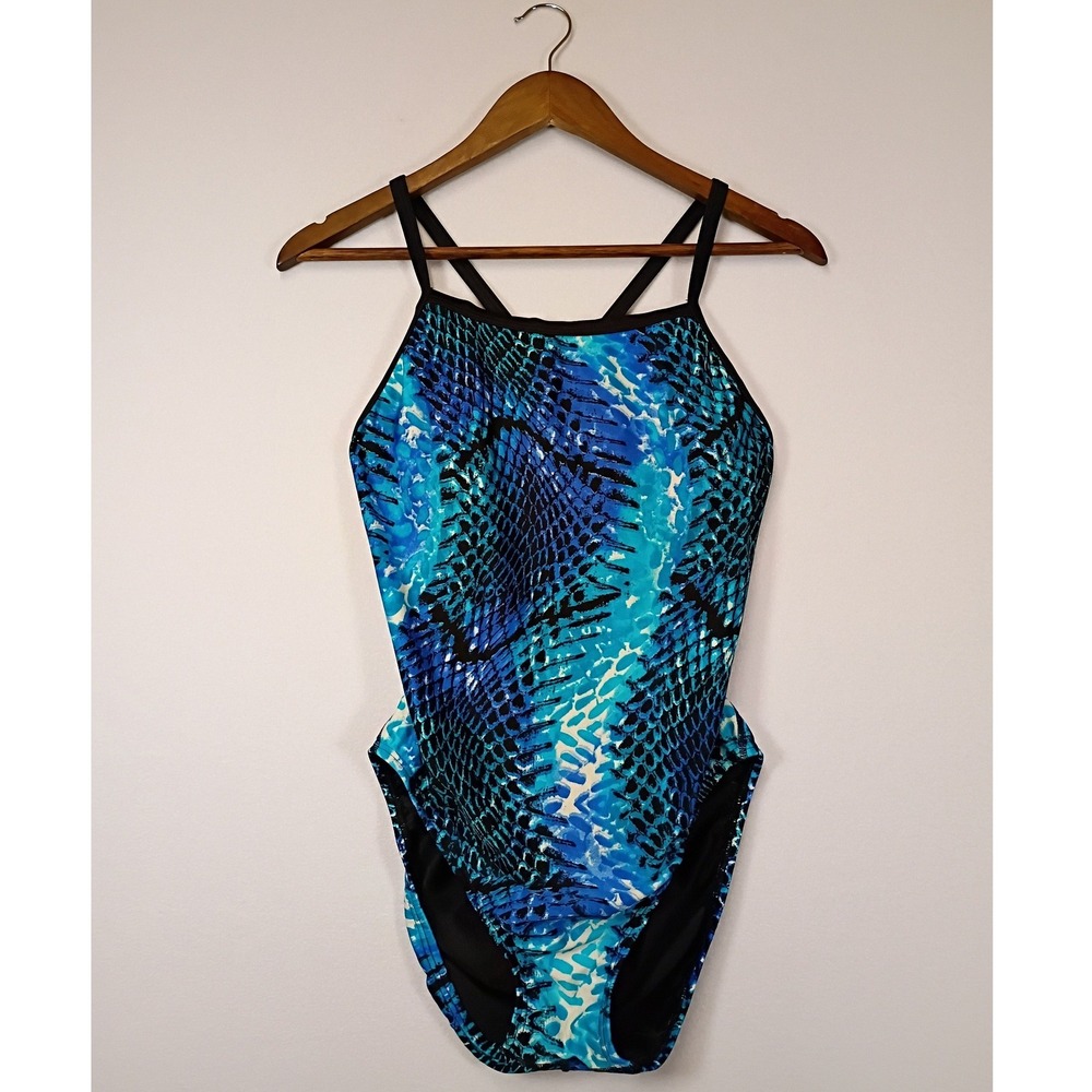 Sporty Snakeskin Speedo Womens 40 Blue One Piece Racerback Swimsuit Performance